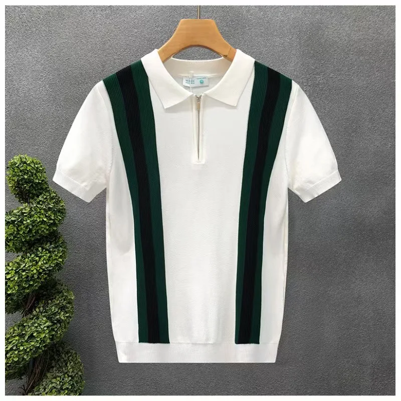 Summer New Men Slim-fit Luxury Knitted Polo Shirt Striped Patchwork T-shirt 2