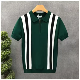 Summer New Men Slim-fit Luxury Knitted Polo Shirt Striped Patchwork T-shirt