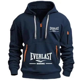 Men\'s Fashion Casual Hoodie Multi-pocket Sports Long-sleeve Sweatshirt Up Down Print Warm Half Zip Hooded Fitness Pullover
