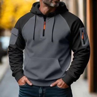 Spring and Autumn Men's Fashionable Workwear Casual Sporty Zipper Long-Sleeved Hooded Pullover with Multiple Pockets