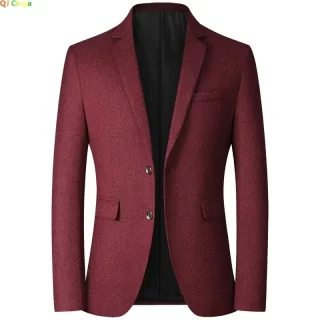 Red Men\'s V-neck Single-breasted Suit Jacket