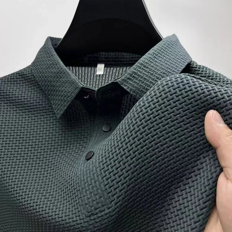 New Men\'s Business Casual Short Sleeved Bone Flower Solid Color POLO Shirt 2