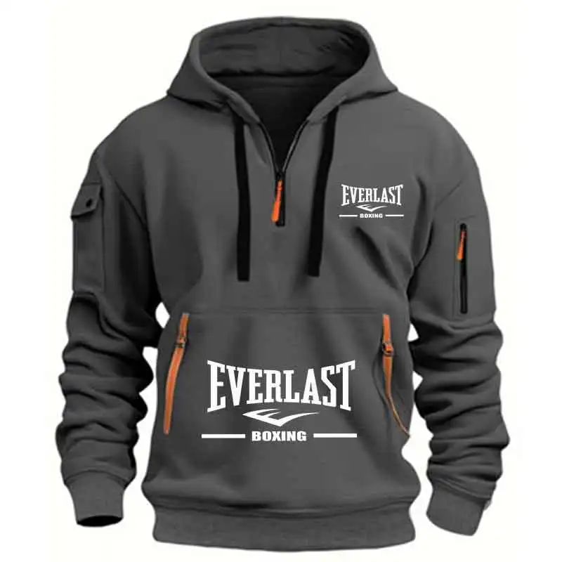Men\'s Fashion Casual Hoodie Multi-pocket Sports Long-sleeve Sweatshirt Up Down Print Warm Half Zip Hooded Fitness Pullover 2