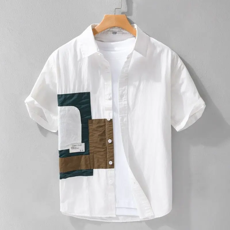 Men\'s Summer New Short Sleeve Shirt With Contrast Patchwork 2