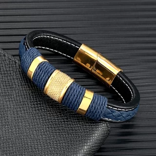 MKENDN Genuine Blue Leather Bracelet With Stainless Steel Magnetic Buckle