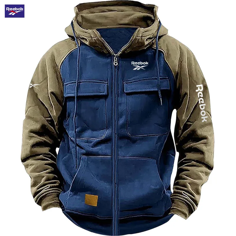 Reebok New Autumn-Winter Men\'s Hooded Patchwork Casual Sweatshirt, Loose-Fit Fashionable Youth Multi-Pocket Padded Hoodie 2