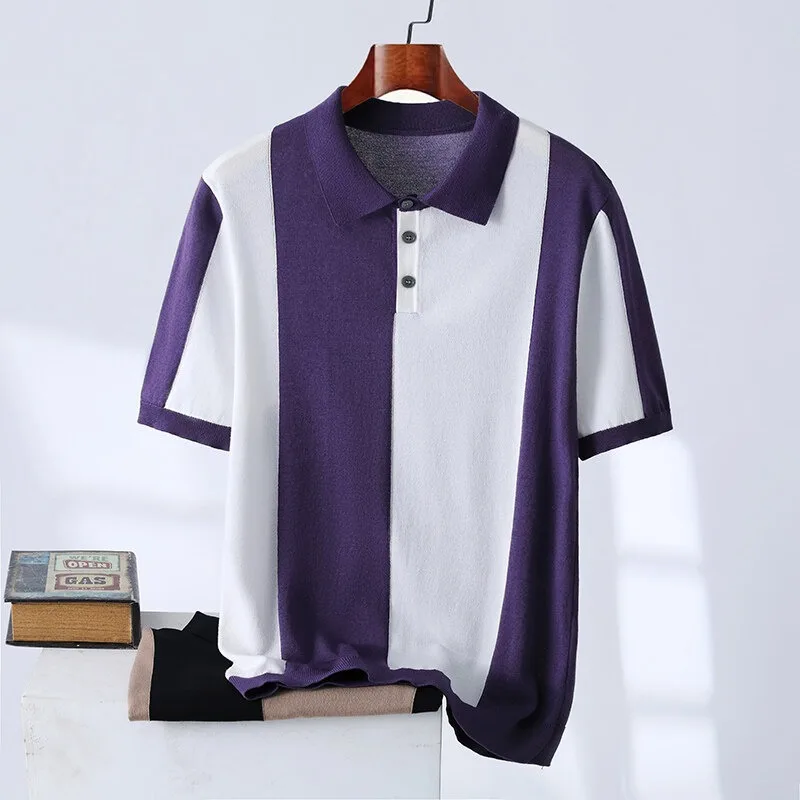 High-quality Color Blocked Striped Knitting Men\'s Polo Shirt 2