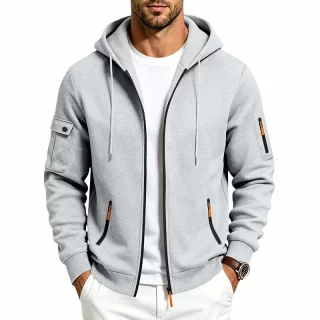 Men\'s Heavyweight Full Zip Hoodie. Casual Outdoor Hooded Sweatshirt Multi‑Pocket Drawstring Loose Fit Sports Jacket