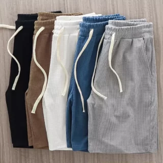 Waffle Texture Deep Crotch Drawstring Male Shorts