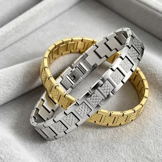 1pc Men\'s Stainless Steel Link Bracelet, Gold/Silver Tone Rhombus Pattern Wristband