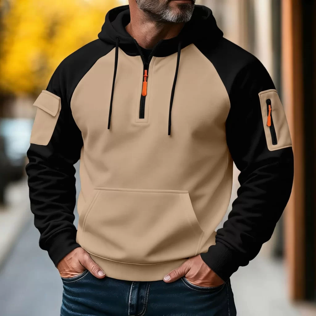 Spring and Autumn Men's Fashionable Workwear Casual Sporty Zipper Long-Sleeved Hooded Pullover with Multiple Pockets 2