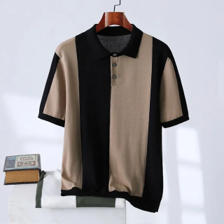 High-quality Color Blocked Striped Knitting Men\'s Polo Shirt