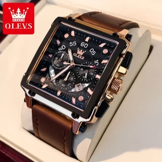 OLEVS Mens Watch Square Quartz Watch Multifunctional Business Watches For Man Waterproof Luminous Box Gift Leather Strap 9919