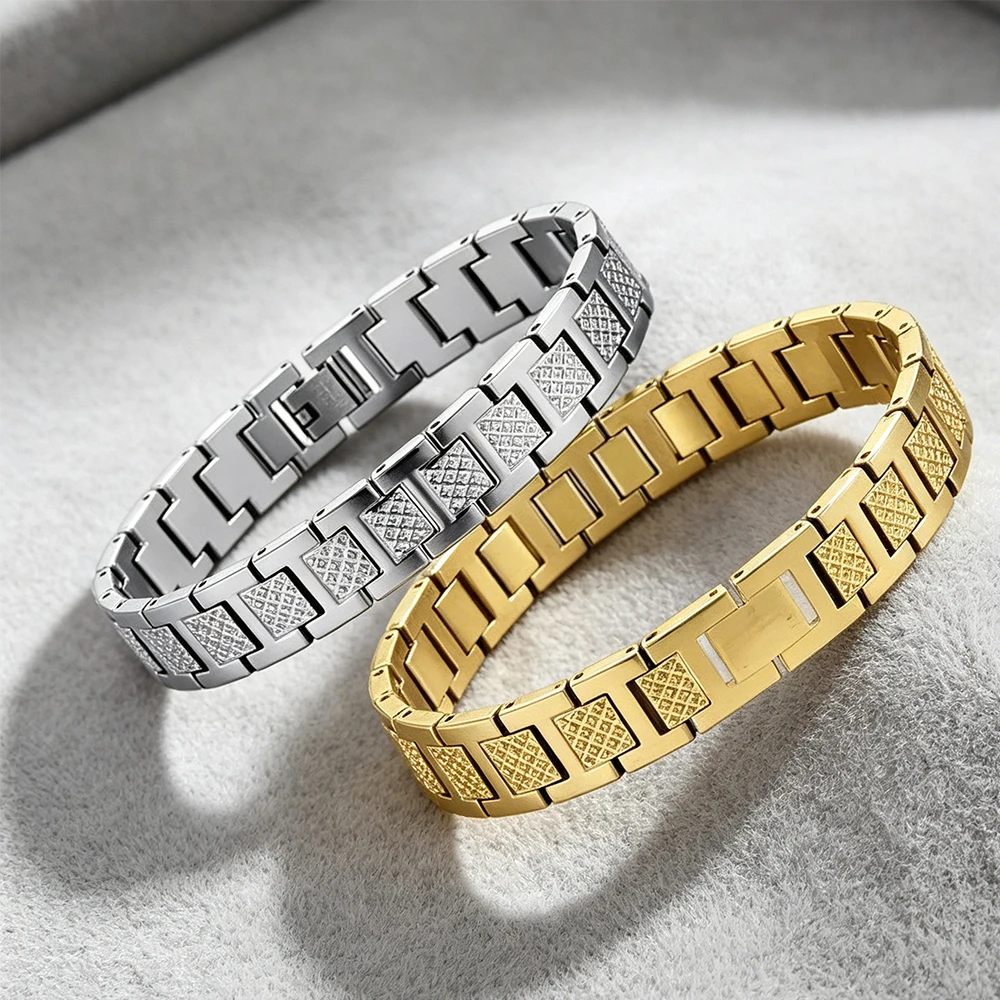 1pc Men\'s Stainless Steel Link Bracelet, Gold/Silver Tone Rhombus Pattern Wristband 2