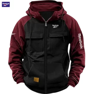 Reebok New Autumn-Winter Men\'s Hooded Patchwork Casual Sweatshirt, Loose-Fit Fashionable Youth Multi-Pocket Padded Hoodie