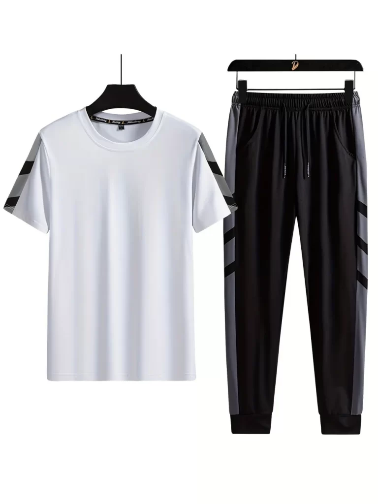Summer men's new striped printed men's breathable round neck T-shirt and pants - Tracksuit 2