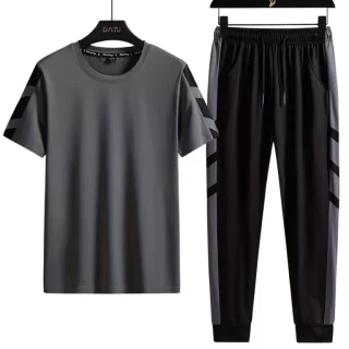 Summer men's new striped printed men's breathable round neck T-shirt and pants - Tracksuit