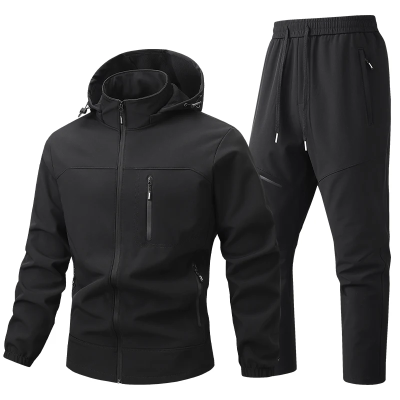 Soft-shell jacket with hood For Men, outfit High-quality coat and pants - two-piece set 2