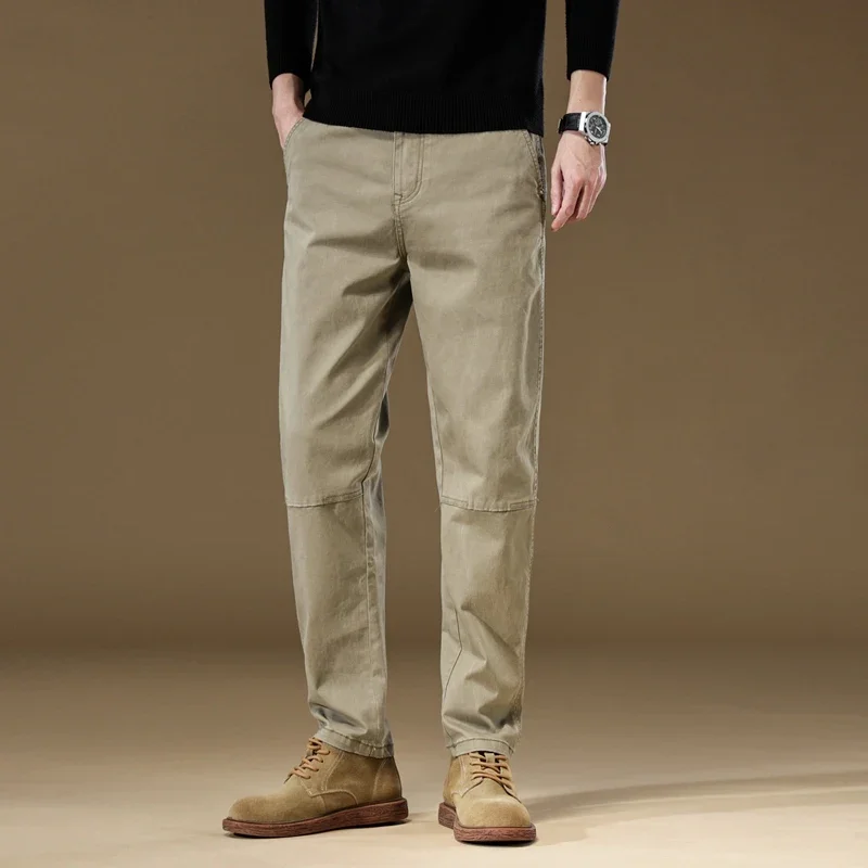 New Men\'s 97% Cotton Jogging Cargo Long Pants Retro Solid Color 2